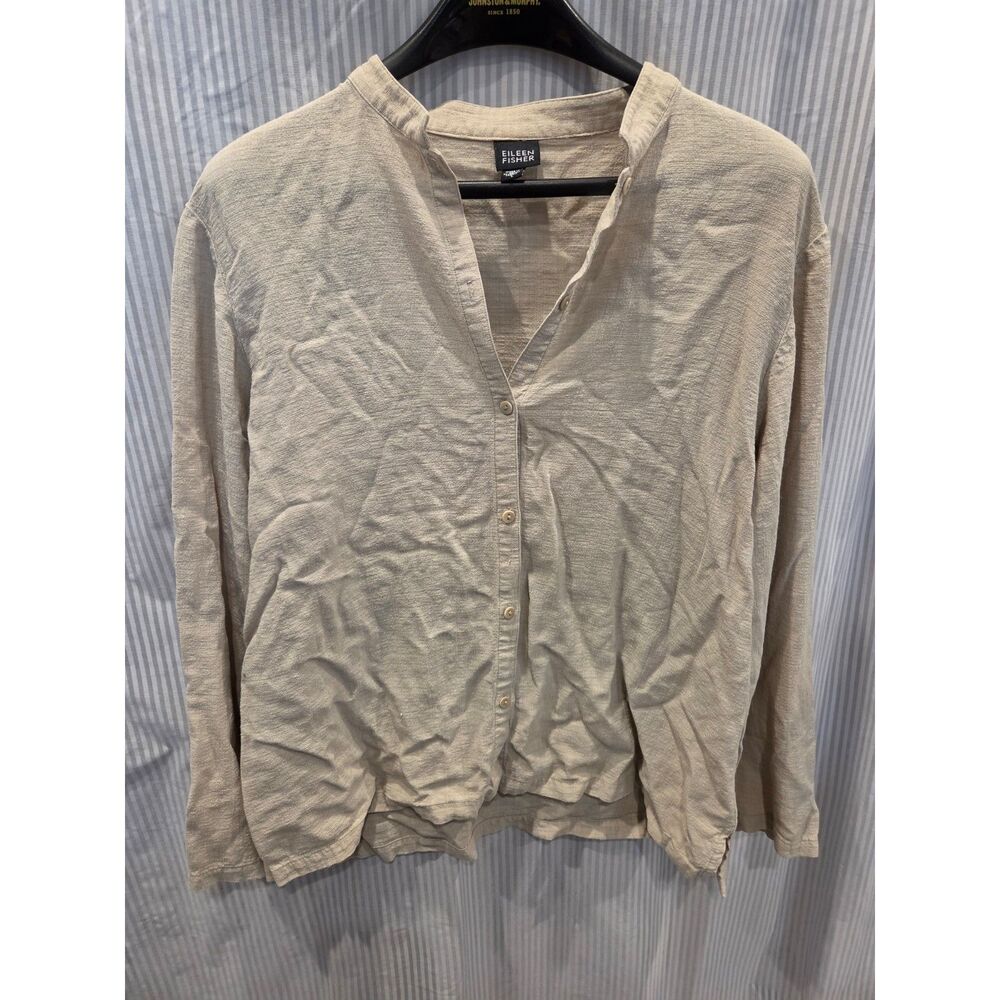 Eileen Fisher Italian Fabric Beige Linen Band Collar Button Up Blouse top L